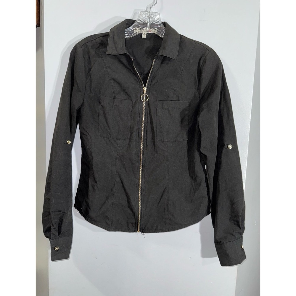 Miss Selfie black full zip front Y2K long sleeve roll tab top small‎